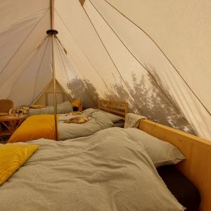 阿赫特克克Bell tent Glamping Essenhof的一间帐篷内带两张床的卧室