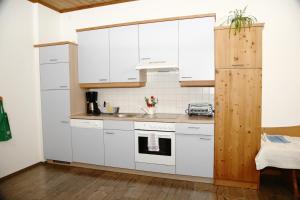 Ardagger MarktBio-Bauernhof Haunschmid的厨房配有白色橱柜和水槽