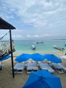 布兰卡滩MAR AZUL ISLA BARU, RESTAURANTE HOTEL.的海滩上设有蓝色的遮阳伞和椅子,还有海洋