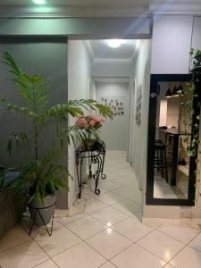 贝伦Quarto individual, em apto compartilhado的走廊上设有桌子、植物和镜子