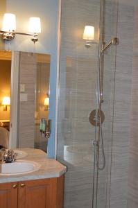 New CarlisleHôtel Maison Blanche的带淋浴和盥洗盆的浴室