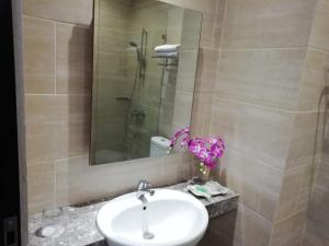 万隆Ciwidey Valley Resort Hot Spring Waterpark的一间带水槽、淋浴和镜子的浴室