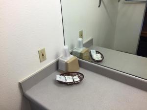 法夫阳光汽车旅馆的浴室柜台配有镜子和2个免费牙刷