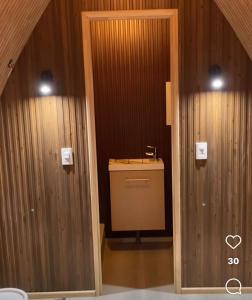 百内三塔Morrena Lodge的一间带水槽和木墙的浴室