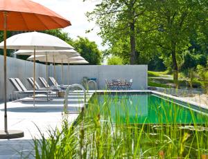 圣奥斯瓦尔德Biohotel Pausnhof的一个带遮阳伞和桌椅的游泳池