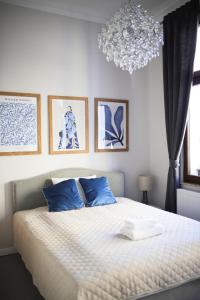 帕克薇拉普科酒店的一间卧室配有一张带蓝色枕头的床和吊灯。
