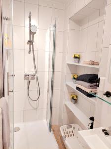 沙勒罗瓦Maison LYDIE - Meublé de vacances 3 étoiles的带淋浴和盥洗盆的白色浴室