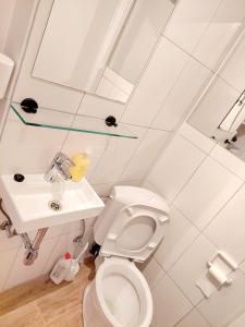 沙勒罗瓦Maison LYDIE - Meublé de vacances 3 étoiles的白色的浴室设有水槽和卫生间。
