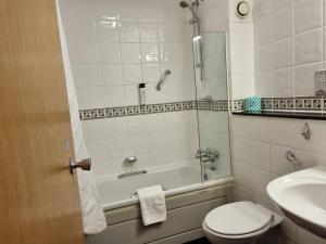 达宁顿堡Kegworth Hotel & Conference Centre的带淋浴、卫生间和盥洗盆的浴室