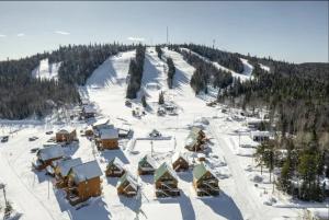 Maison au Pied du Mont Video的雪地中度假村的空中景观