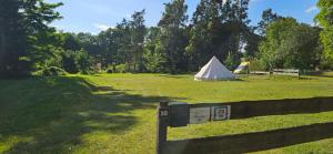 CarpinTipi Glamping Naturcamping in der Seenplatte inklusive Strom- Dixi-WC!!的地势为一个有帐篷的地基和一个栅栏