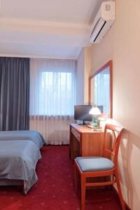 波兹南黄金酒店的酒店客房配有一张床、一张书桌和一台电视。