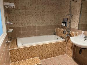 高雄金银岛汽车旅馆-仁武店的带浴缸和盥洗盆的浴室