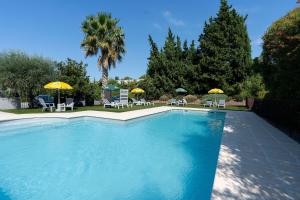 阿维尼翁阿维尼翁南部卡联达尔布里特酒店的一个带椅子和遮阳伞的游泳池
