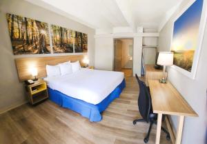 丹佛戴斯丹佛市中心酒店的酒店客房配有一张床、一张书桌和一张书桌。