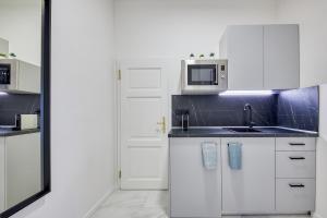 布拉迪斯拉发CityLife Residence的白色的厨房配有水槽和微波炉