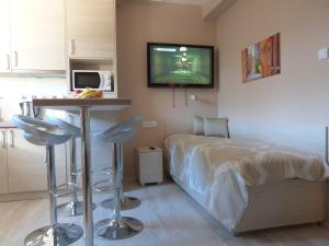 科帕奥尼克Apartments Sia的小房间设有床、桌子和电视