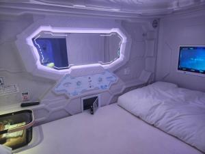ŌsawaHotel Galaxy Pod的小房间设有床铺和电视