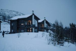 斯特兰达Premium Penthouse near Strandafjellet Ski Resort & Geiranger - Panoramic Mountain Views & Sauna的雪中大房子,前面的人走路