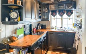 莫尔德Stunning Home In Molde With Kitchen的厨房配有黑色橱柜和木制台面