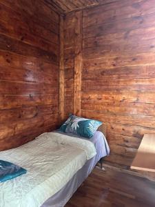P'arts'khanaqaneviKutaisi airport guesthouse的卧室配有木墙内的一张床