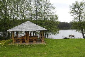 KaltanėnaiPrie Žeimenos的湖畔草地上的凉亭