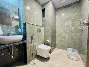 乌代浦Hotel De Glance Udaipur的一间带水槽、卫生间和淋浴的浴室