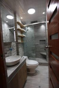 普诺Mini Departamento - Apu Cancharani的一间带水槽、卫生间和淋浴的浴室