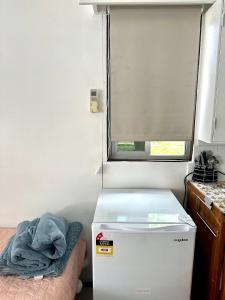 拉巴萨Cosy Fully Furnished Unit Great Spot Labasa的带窗户的厨房内的小冰箱