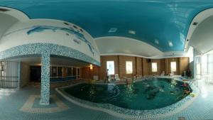 尼古拉耶夫印古尔酒店的一座大型室内游泳池,位于一座拥有大型天花板的建筑中