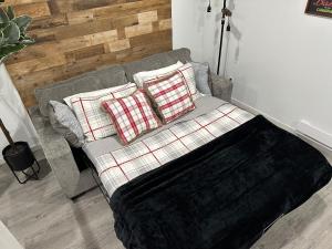 卡尔加里2-Bed Rustic Charm Below的客厅里配有一张带两个枕头的沙发