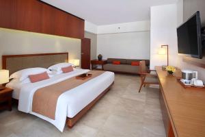 勒吉安The Magani Hotel and Spa的酒店客房设有一张大床和一张沙发。