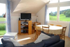 Les Geneveys-sur-CoffraneAppartment Aux Lilas的客厅配有沙发和带电视的桌子