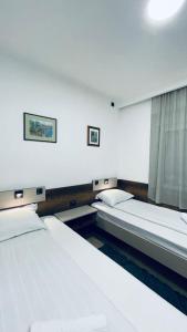 苏博蒂察Kollar D Guest House - Prenoćište ROOMS的带三张床和窗户的客房