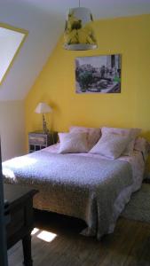 勒孔凯Chambre d'hôtes La Maison du Neuilly的一间卧室设有一张黄色墙壁的大床