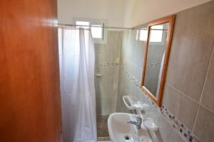 埃斯克尔hosteria las cachi alojamiento的浴室配有盥洗盆和带镜子的淋浴