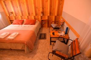 埃斯克尔hosteria las cachi alojamiento的卧室配有一张床和一张桌子及椅子