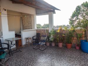 伊基托斯Moicca Youth Hostel的庭院配有桌椅和植物