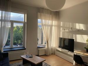 里加Valentine's 2 apartment Riga的一间带电视和2扇窗户的客厅