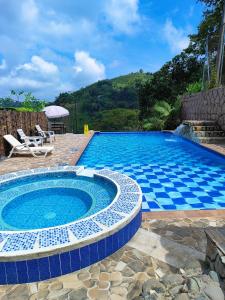 马尼萨莱斯Ecohotel Java的大型游泳池铺有蓝色和白色瓷砖地板。