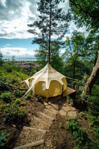 格兰纳Gränna Glamping的坐在楼梯上的黄色帐篷