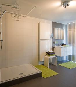 Korbeek-DijleAan Den Oever Logies的带淋浴、水槽和冰箱的浴室