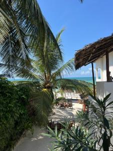 布韦朱Helwas Zanzibar Beach Hotel的棕榈树坐在海边