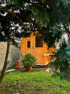 LauchaGanzes Tiny House "Thüringer Ruhe" mit großem Garten nahe Rennsteig的木门,有盆栽的房屋