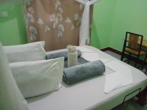 MangolaEyasi Safari Motel Mang'ola的一张带枕头的白色床和一瓶