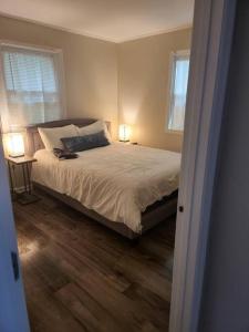 Winchester3 Bedroom Cozy Home Minutes From Tims Ford Lake的一间卧室配有一张床、两个窗户和两盏灯