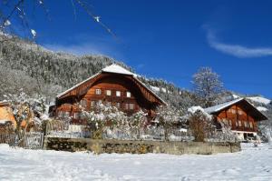 Erlenbach im SimmentalSwiss Mountain-Valley View Lodge的雪地小木屋,带栅栏