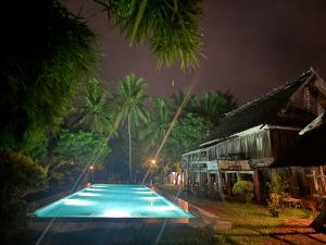 琅勃拉邦On The Mekong Resort的夜间在度假村前的游泳池