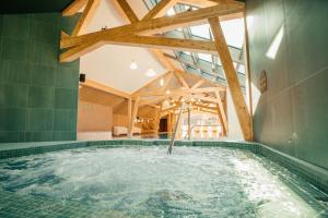 夏蒙尼-勃朗峰Lykke Hotel & Spa Chamonix - ex Mercure的一座带木梁的别墅内的游泳池