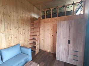 ChvalčovTiny house Chvalčov的客厅设有蓝色的沙发和木墙